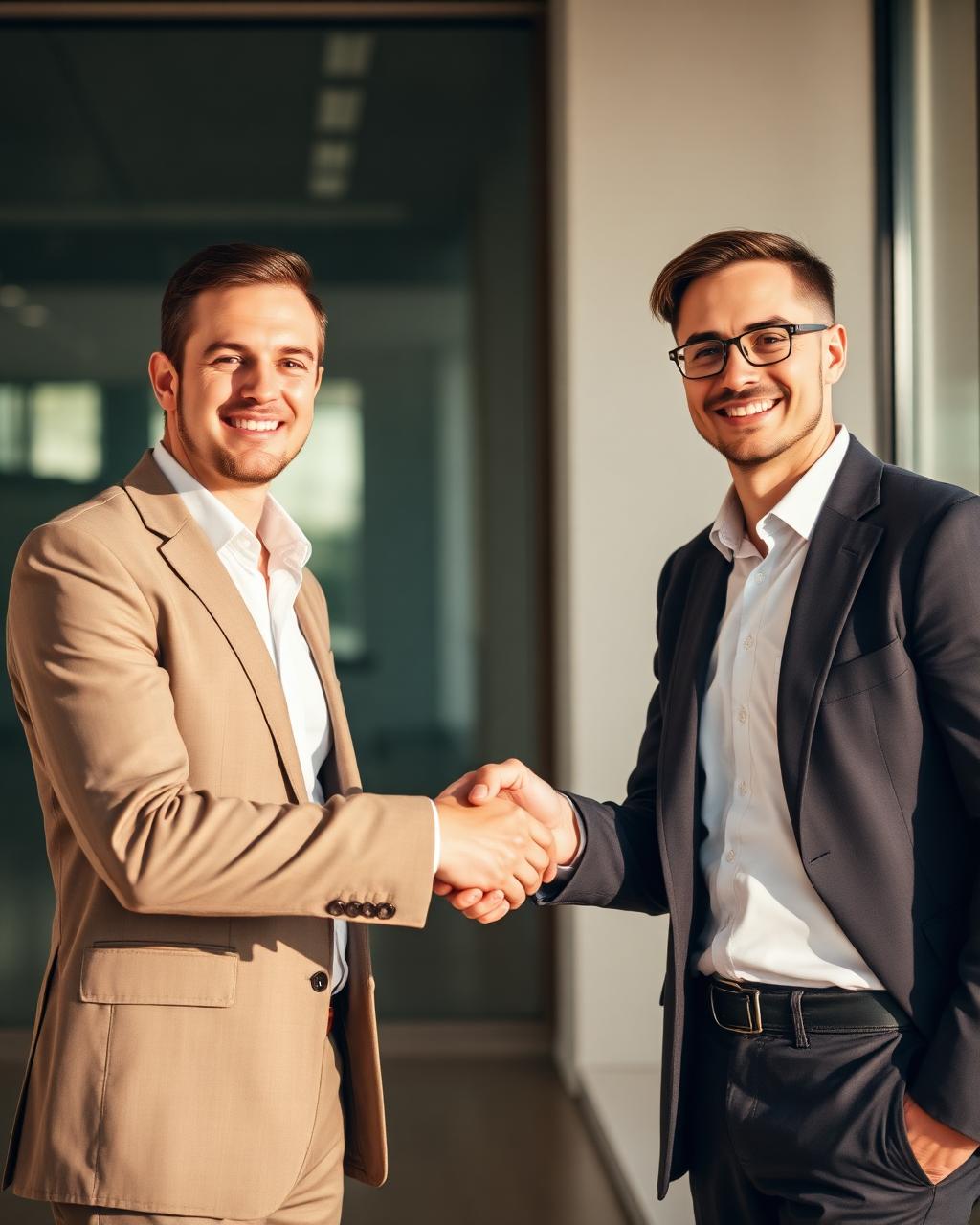Twee professionals begroeten elkaar met een handdruk in een moderne kantooromgeving
