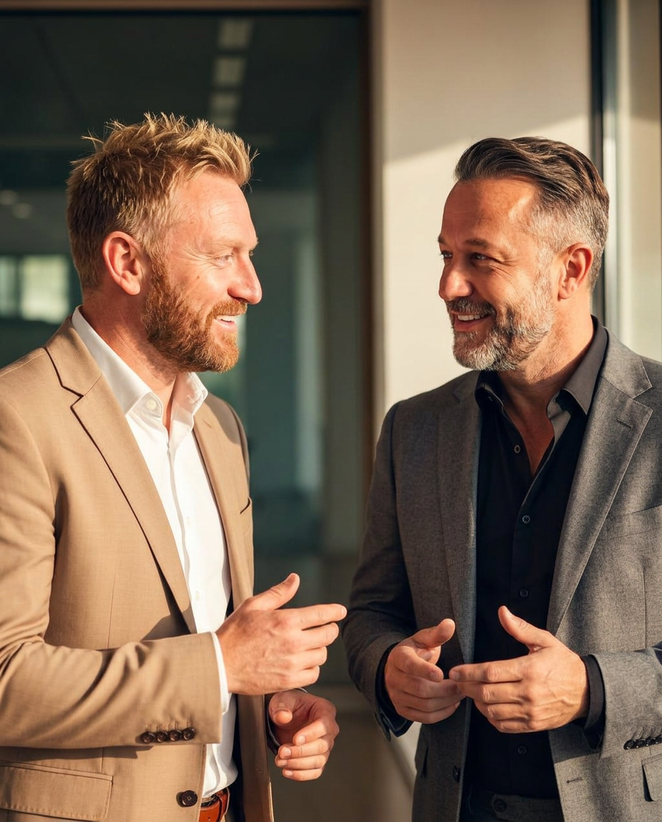 Twee professionals begroeten elkaar met een handdruk in een moderne kantooromgeving