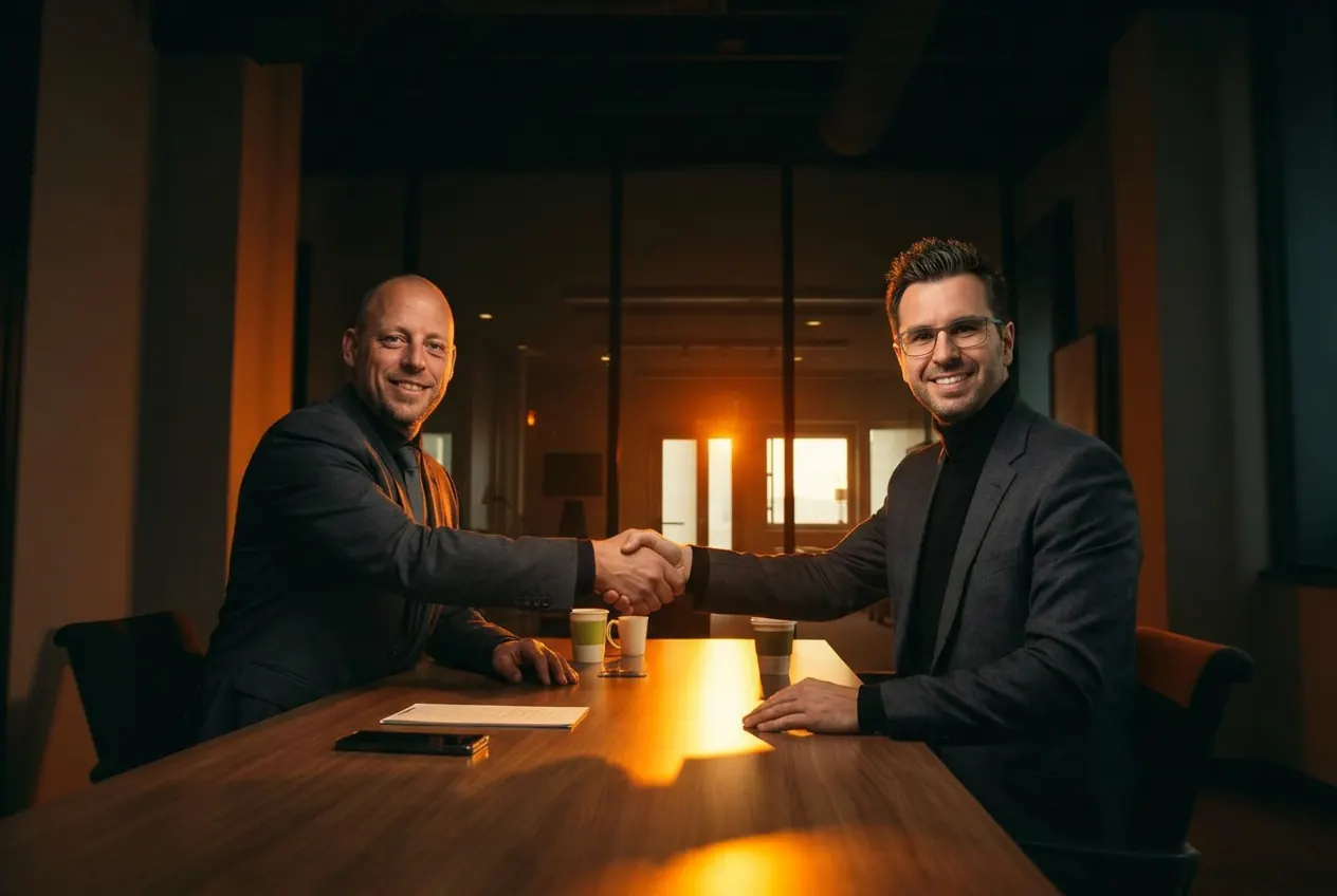 Twee professionals in donkere pakken schudden elkaar de hand aan een vergadertafel