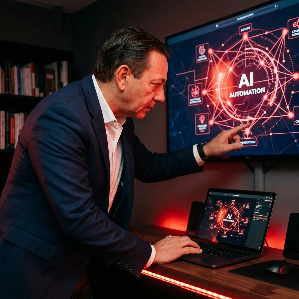 Consultant in een donker pak licht een schema voor AI-automatisering toe