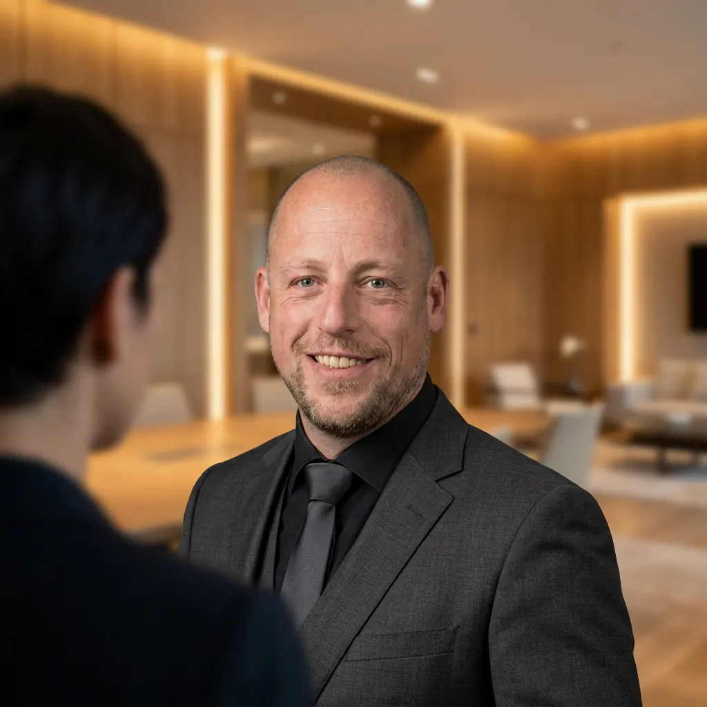 Nick Manvis in gesprek met een professional in een kantoor
