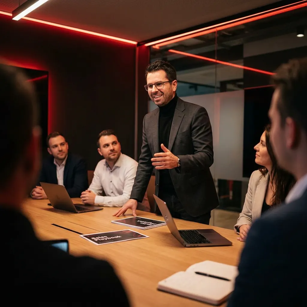 Een consultant in een donker pak begeleidt een teamoverleg aan een vergadertafel