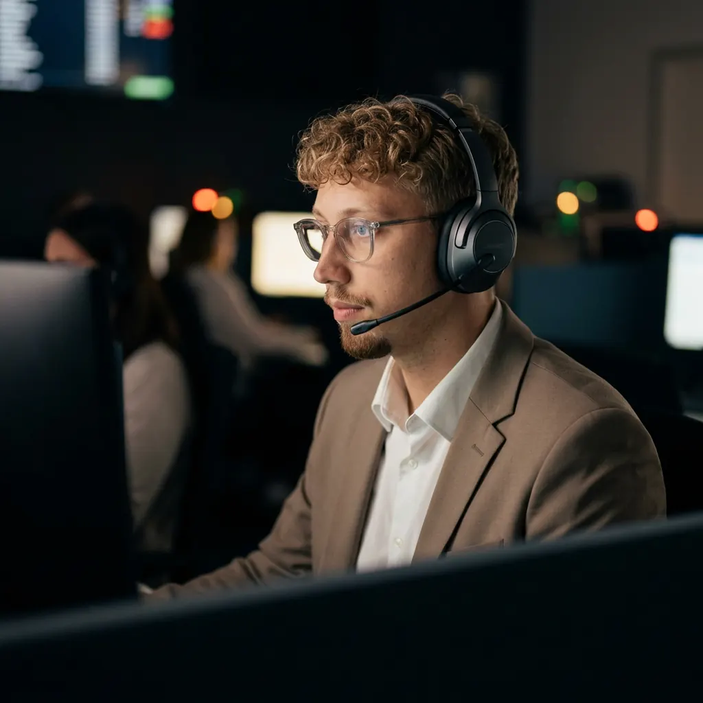 Salesmedewerker in een colbert werkt met een headset achter een monitor