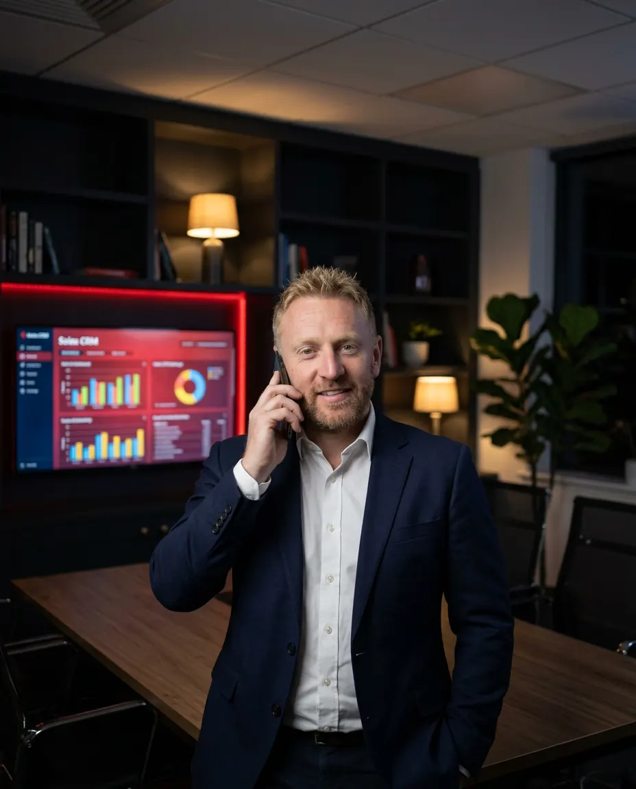 Sander de Miranda voert een zakelijk telefoongesprek in een kantoor